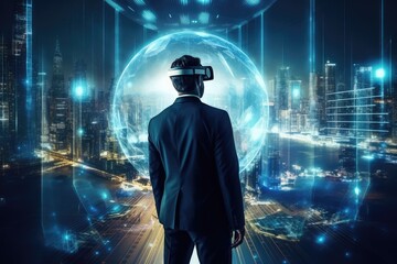 businessman in virtual reality glasses, digital hologram, VR technology. Business, finance concept.