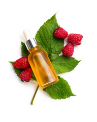 Bottle of cosmetic raspberry oil on white background