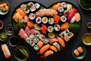 a large set of rolls and sushi in the shape of a heart