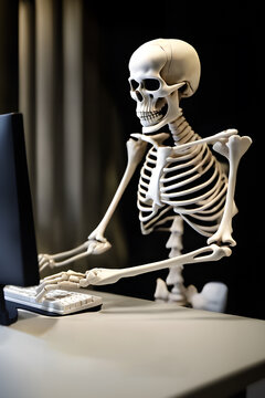 human skeleton sitting at a computer