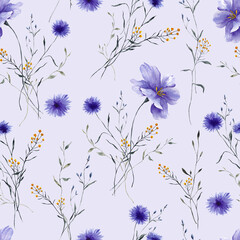 Watercolor seamless pattern with wildflowers bouquet, grass and herbs, isolated on colored background