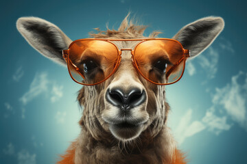 Creative animal concept. Moose in sunglass shade glasses isolated on solid pastel background, commercial, editorial advertisement, surreal surrealism