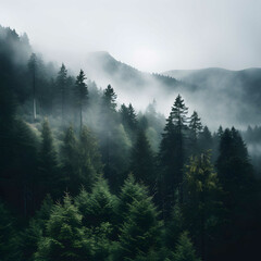 Christmas trees in the forest surrounded by fog. Festive atmosphere on the mountain.