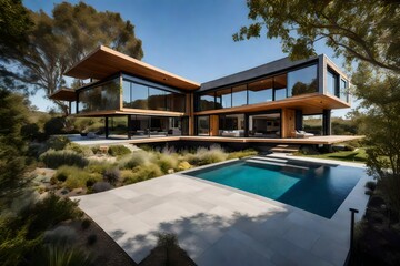 a cutting-edge modern eco-friendly house, an architectural marvel that seamlessly integrates sustainability with contemporary design - AI Generative