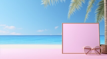 Empty mockup blue screen on the beach with summer accessories and palm tree on pink background. 