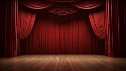 Empty theater stage with wood plank floor and open red curtains 