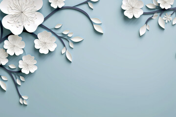 Winter paper cut white blooming flowers on blue empty background. Origami art craft design decor