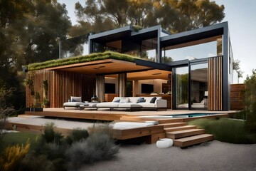 a cutting-edge modern eco-friendly house, an architectural marvel that seamlessly integrates sustainability with contemporary design - AI Generative