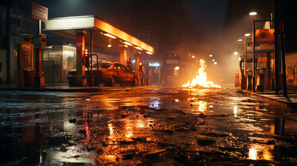 fire and car on the city street.