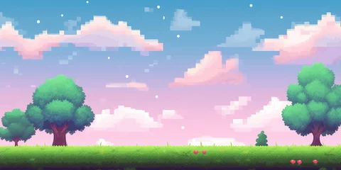 Rolgordijnen Pixel art arcade game scene with trees, clouds, board, stones, 8bit background. Tree and bush pixel style vector illustration landscape with sky grass and ground. Green plants for 2D game decor. © AlexRillos