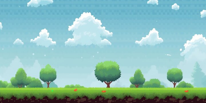 Pixel art arcade game scene with trees, clouds, board, stones, 8bit background. Tree and bush pixel style vector illustration landscape with sky grass and ground. Green plants for 2D game decor.