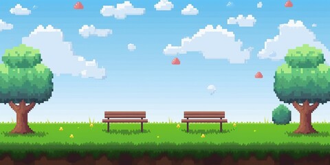 Pixel art arcade game scene with trees, clouds, board, stones, 8bit background. Tree and bush pixel style vector illustration landscape with sky grass and ground. Green plants for 2D game decor.