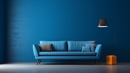 Modern interior design with sofa and empty dark blue 