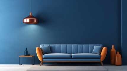 Modern interior design with sofa and empty dark blue wall background 