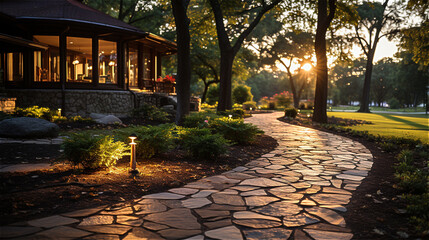 stone tile pathway lit by garden ground lights with bushes at sunset, created with Generative AI Technology.