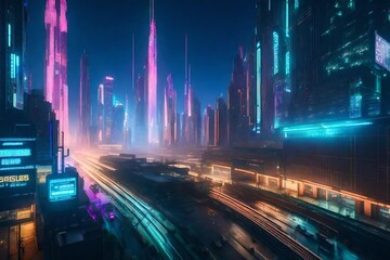 a futuristic cyberpunk metropolis with neon-lit skyscrapers, holographic billboards, and bustling...