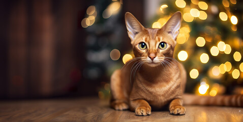 Abyssinian cat is sitting under a Christmas tree on a wooden floor, evening, preparation for holidays, traditions, a cozy house.