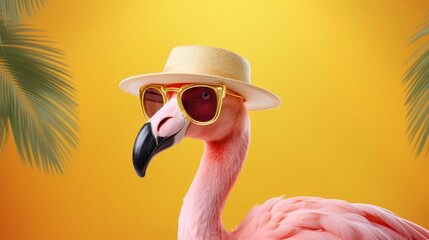 Pink flamingo with sunglasses and hat under palm leaf on yellow summer background