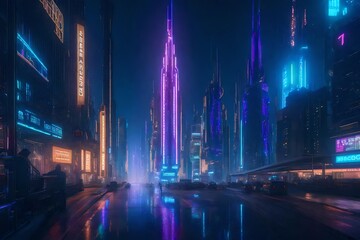 Fototapeta na wymiar a futuristic cyberpunk metropolis with neon-lit skyscrapers, holographic billboards, and bustling streets filled with cyber-enhanced characters - AI Generative