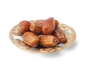 Bowl with dried dates on white background