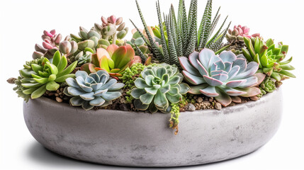 Floral bouquet style of succulents centerpiece or succulent plants garden in concrete planter isolated on white background. Generative AI