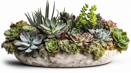 Floral bouquet style of succulents centerpiece or succulent plants garden in concrete planter isolated on white background. Generative AI