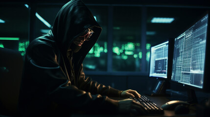 Hacker coding at night cybersecurity concept. 