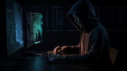 Hacker coding at night cybersecurity concept. 