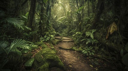 Jungle path in tropical rainforest background. generative AI