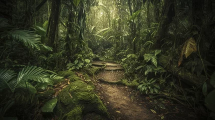  Jungle path in tropical rainforest background. generative AI © VSzili