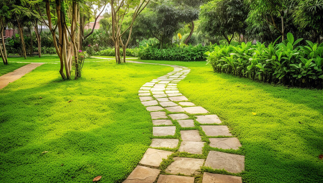 Pathway in garden green lawns with bricks pathways garden landscape design. Generative AI