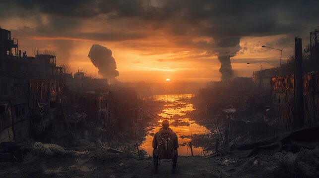 photo shoot, postapocalyptic end of the world, sunset, burning city. Generative AI