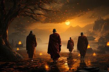 Creative editorial Concept. Stunning landscape of monks with umbrellas walking in nature. illuminated with dynamic composition and dramatic lighting - obrazy, fototapety, plakaty