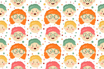 Seamless pattern with cartoon kids faces, different emotions