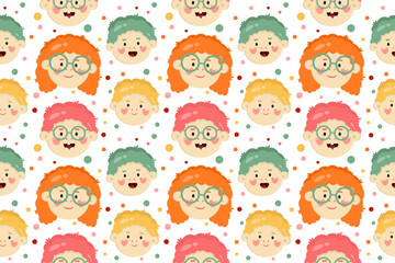 Fototapeta premium Seamless pattern with cartoon kids faces, different emotions