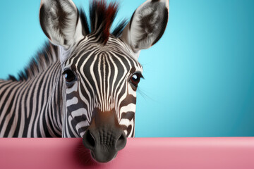 Fototapeta na wymiar Creative animal concept. Zebra peeking over pastel bright background. advertisement, banner, card. copy text space. birthday party invite invitation