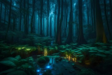 an image of a mystical, enchanted forest bathed in the soft glow of bioluminescent plants - AI Generative