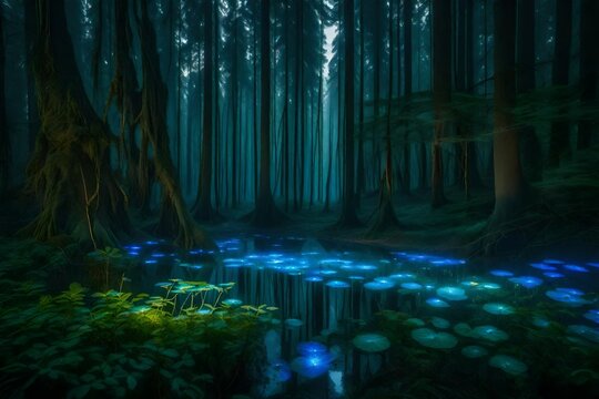 an image of a mystical, enchanted forest bathed in the soft glow of bioluminescent plants - AI Generative