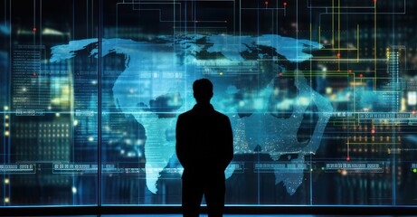 Navigating Digital Dangers: A Silhouetted Overview of Cyber Threats on a Giant Screen