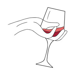 Female hand holding a glass with red wine. Vintage engraving stylized drawing. Vector illustration