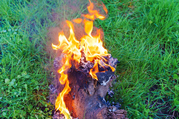 burning an object on a stump in a meadow.  - obrazy, fototapety, plakaty