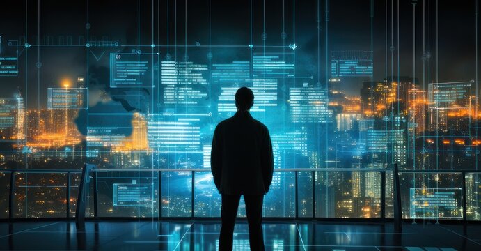Navigating Digital Dangers: A Silhouetted Overview of Cyber Threats on a Giant Screen