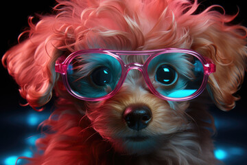 Realistic lifelike poodle dog pup puppy in fluorescent electric highlighters ultra-bright neon outfits, commercial, editorial advertisement, surreal surrealism. 80s Era comeback