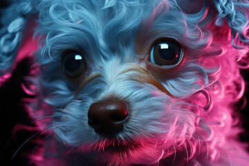 Naklejka premium Realistic lifelike poodle dog pup puppy in fluorescent electric highlighters ultra-bright neon outfits, commercial, editorial advertisement, surreal surrealism. 80s Era comeback