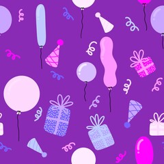 Cartoon festive seamless birthday balloons and gifts box pattern for wrapping paper and fabrics and kids clothes print