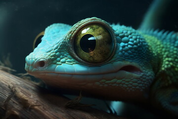 Lizard chameleon closeup eye on black background