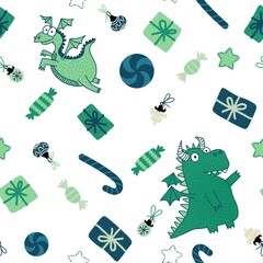Obraz premium Cartoon Christmas dinosaur seamless dragon and candy and gift box and toys pattern for wrapping paper