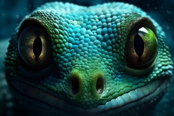 Lizard chameleon closeup eye on black background