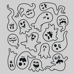 vector pattern of ghosts, different ghosts in vector, halloween background, lineart