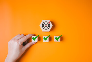 Business target goal and correct check mark icons for successful project plan, Business strategy...